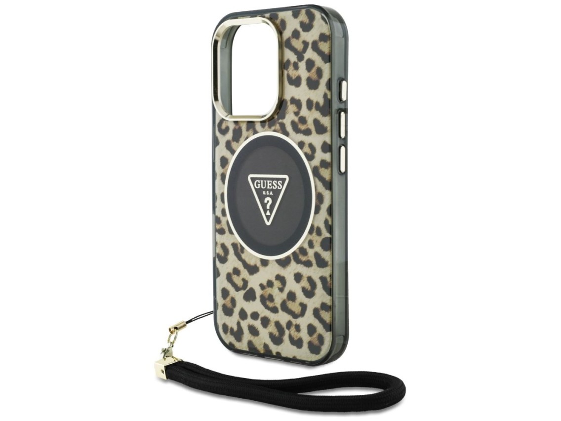 Funda Guess HC IML Leopard Triangle Cord Strap MagSafe para iPhone 16 Pro - Marr�n