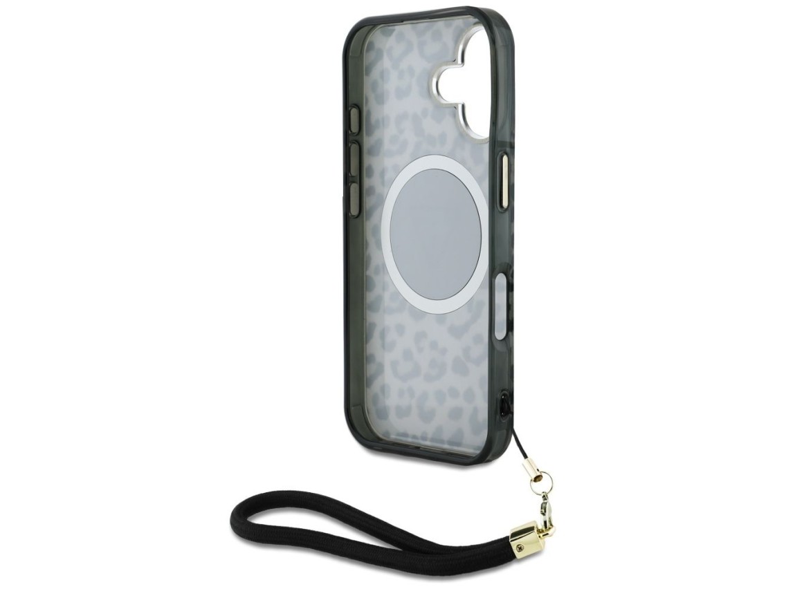 Funda Guess HC IML Leopard Triangle Cord Strap MagSafe para iPhone 16 - negra