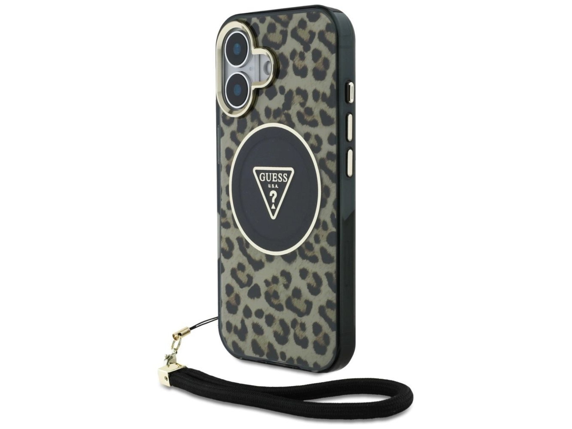 Funda Guess HC IML Leopard Triangle Cord Strap para iPhone 16 MagSafe - Marrón