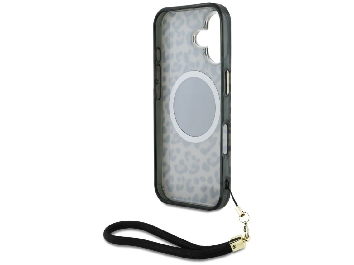 Funda Guess HC IML Leopard Triangle Cord Strap para iPhone 16 MagSafe - Marrón