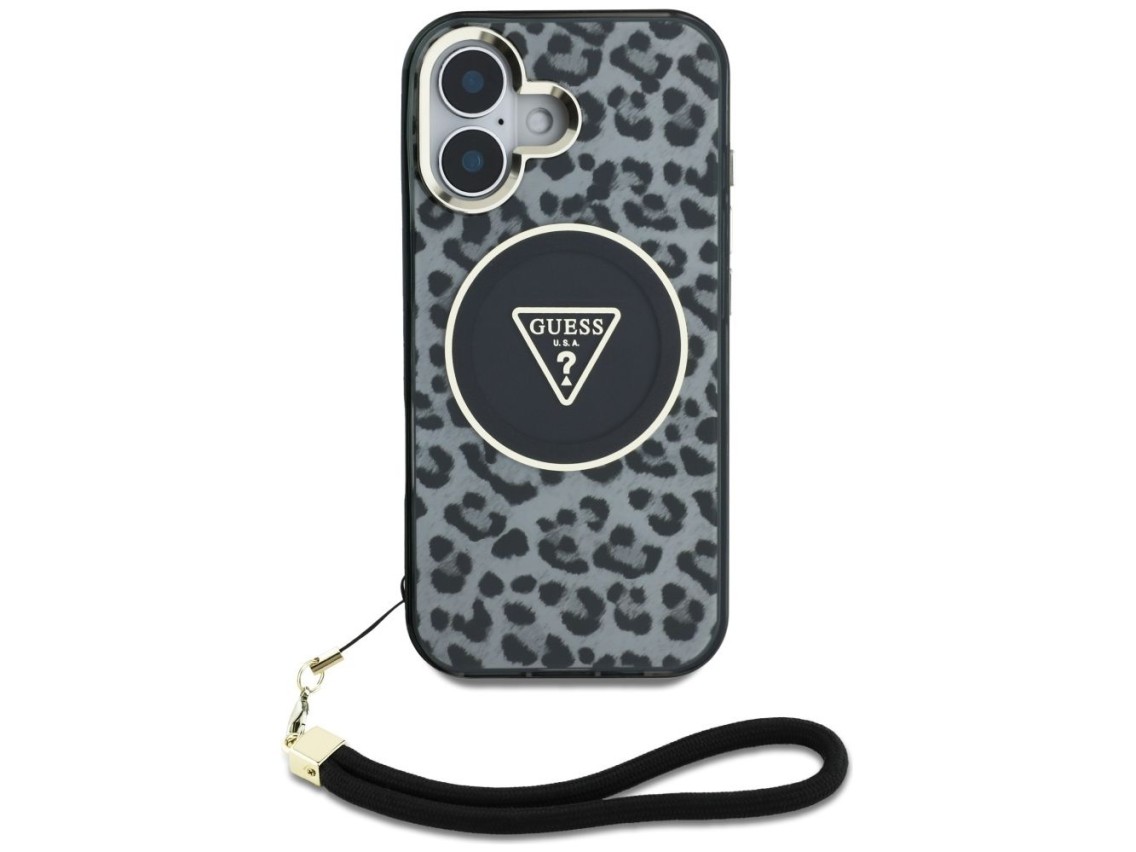 Funda Guess HC IML Leopard Triangle Cord Strap MagSafe para iPhone 16 - negra