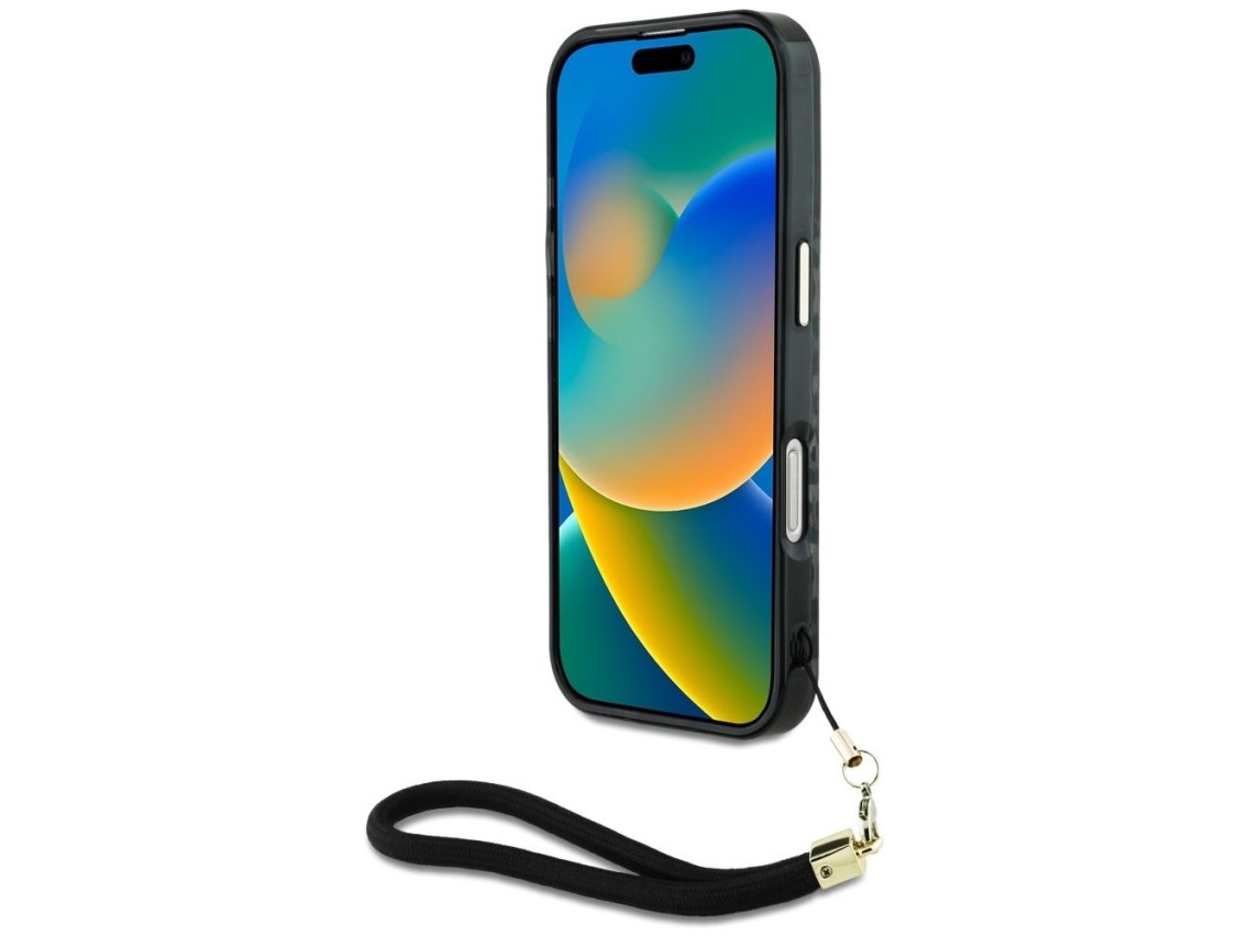 Funda Guess HC IML Leopard Triangle Cord Strap MagSafe para iPhone 16 - negra