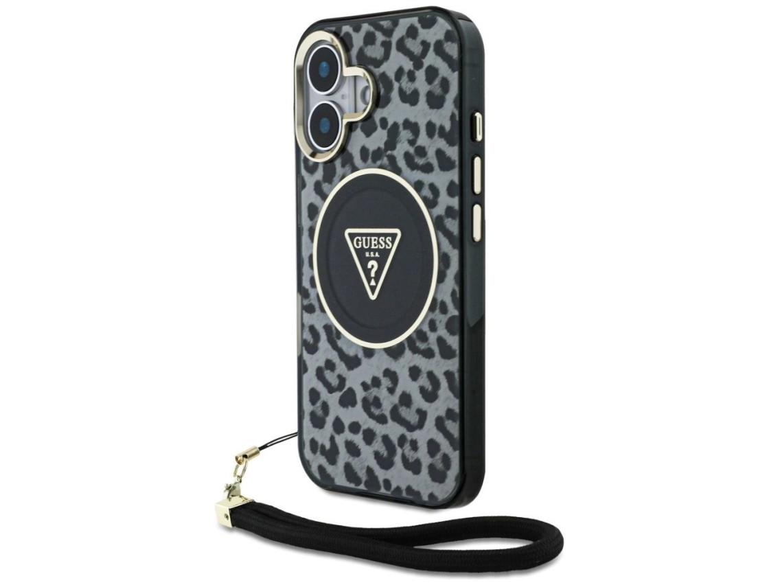 Funda Guess HC IML Leopard Triangle Cord Strap MagSafe para iPhone 16 - negra