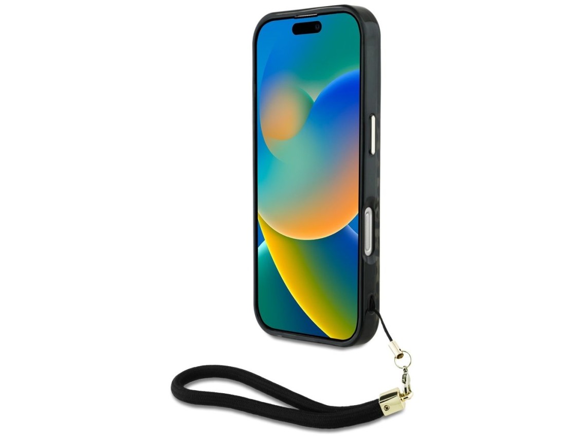 Funda Guess HC IML Leopard Triangle Cord Strap para iPhone 16 MagSafe - Marrón