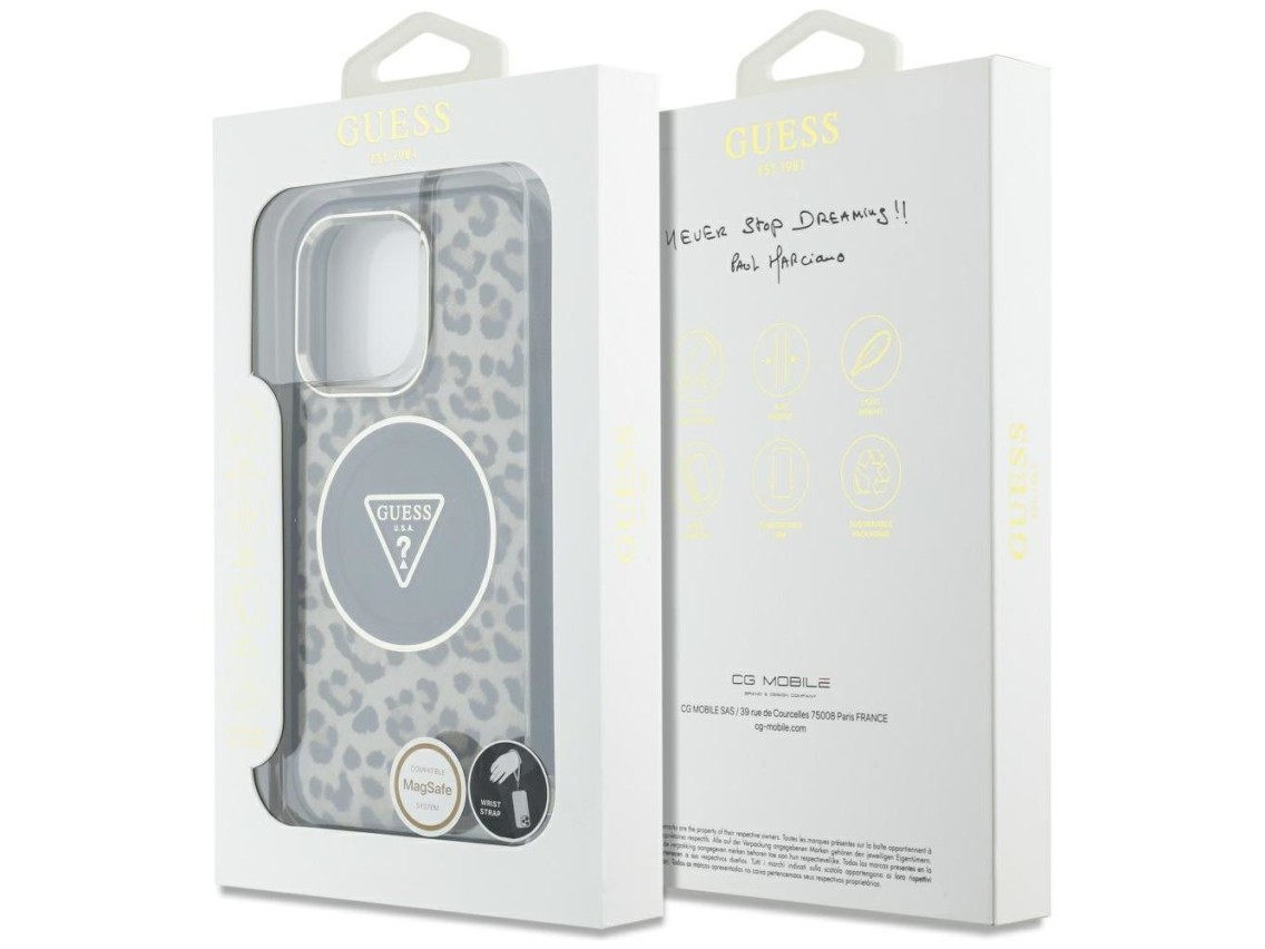 Funda Guess HC IML Leopard Triangle Cord Strap MagSafe para iPhone 16 Pro - Marr�n