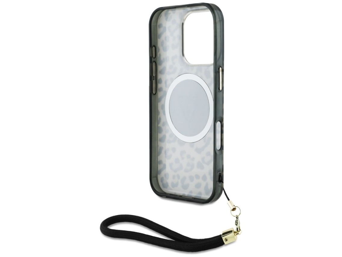 Funda Guess HC IML Leopard Triangle Cord Strap MagSafe para iPhone 16 Pro - Marr�n