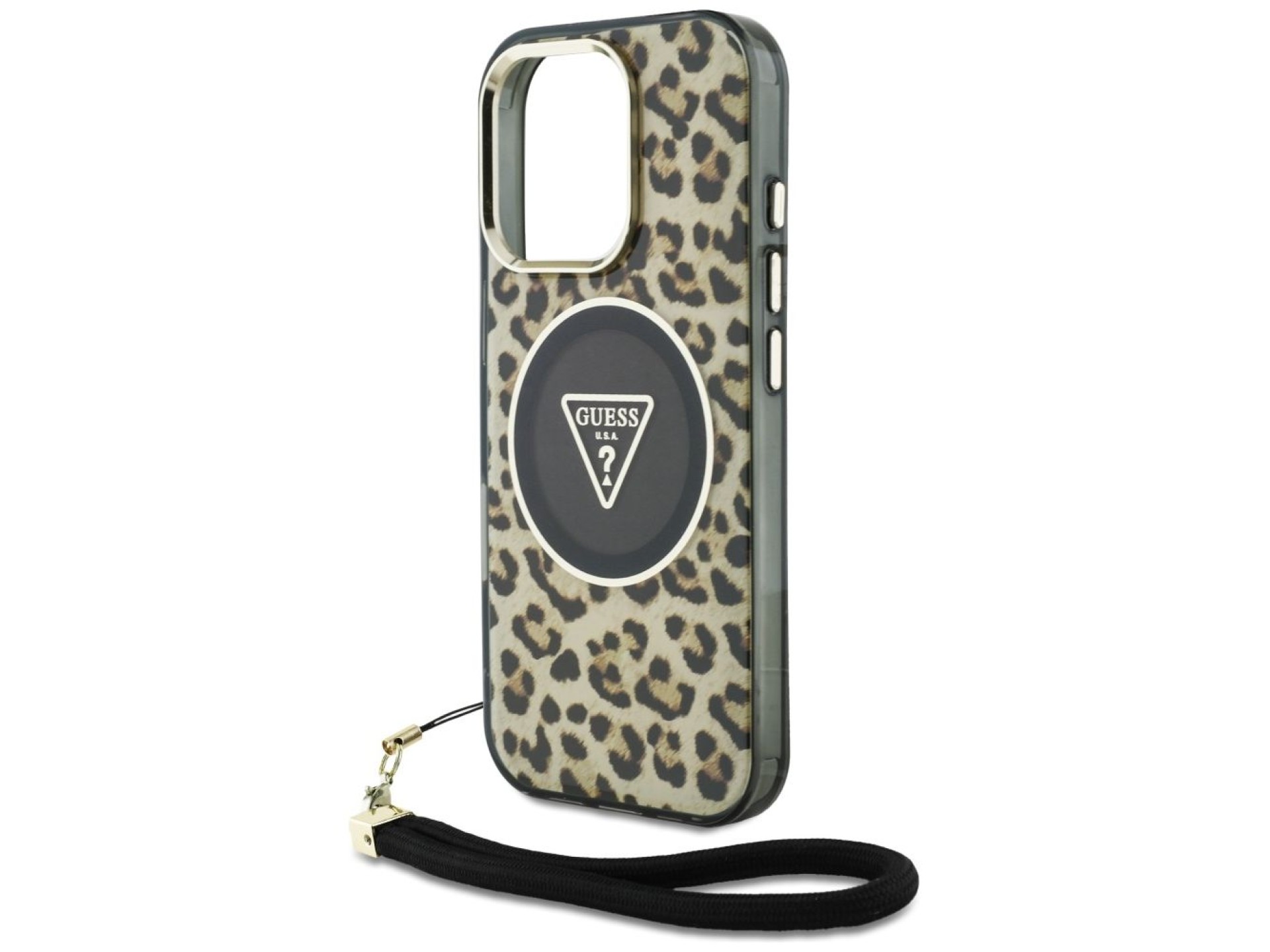 Funda Guess HC IML Leopard Triangle Cord Strap MagSafe para iPhone 16 Pro - Marrón