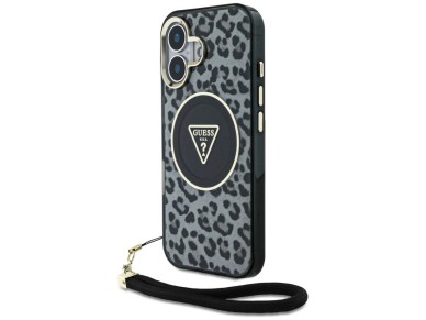 Guess HC IML Leopard Triangle Cord Strap MagSafe case for iPhone 16 - black Guess HC IML Leopard Triangle Cord Strap MagSafe case for iPhone 16 - black