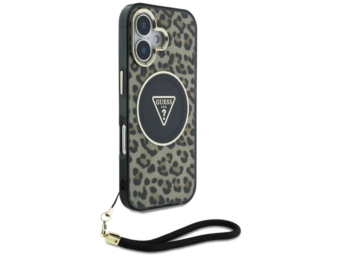 Funda Guess HC IML Leopard Triangle Cord Strap para iPhone 16 MagSafe - Marrón