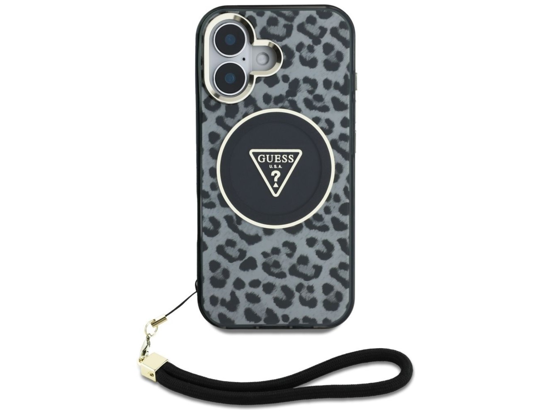 Funda Guess HC IML Leopard Triangle Cord Strap MagSafe para iPhone 16 - negra