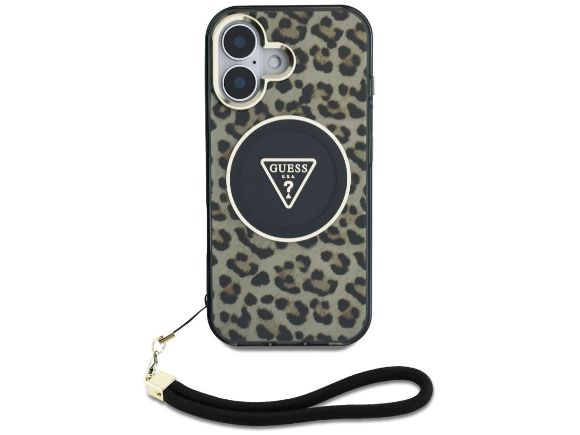 Funda Guess HC IML Leopard Triangle Cord Strap para iPhone 16 MagSafe - Marrón