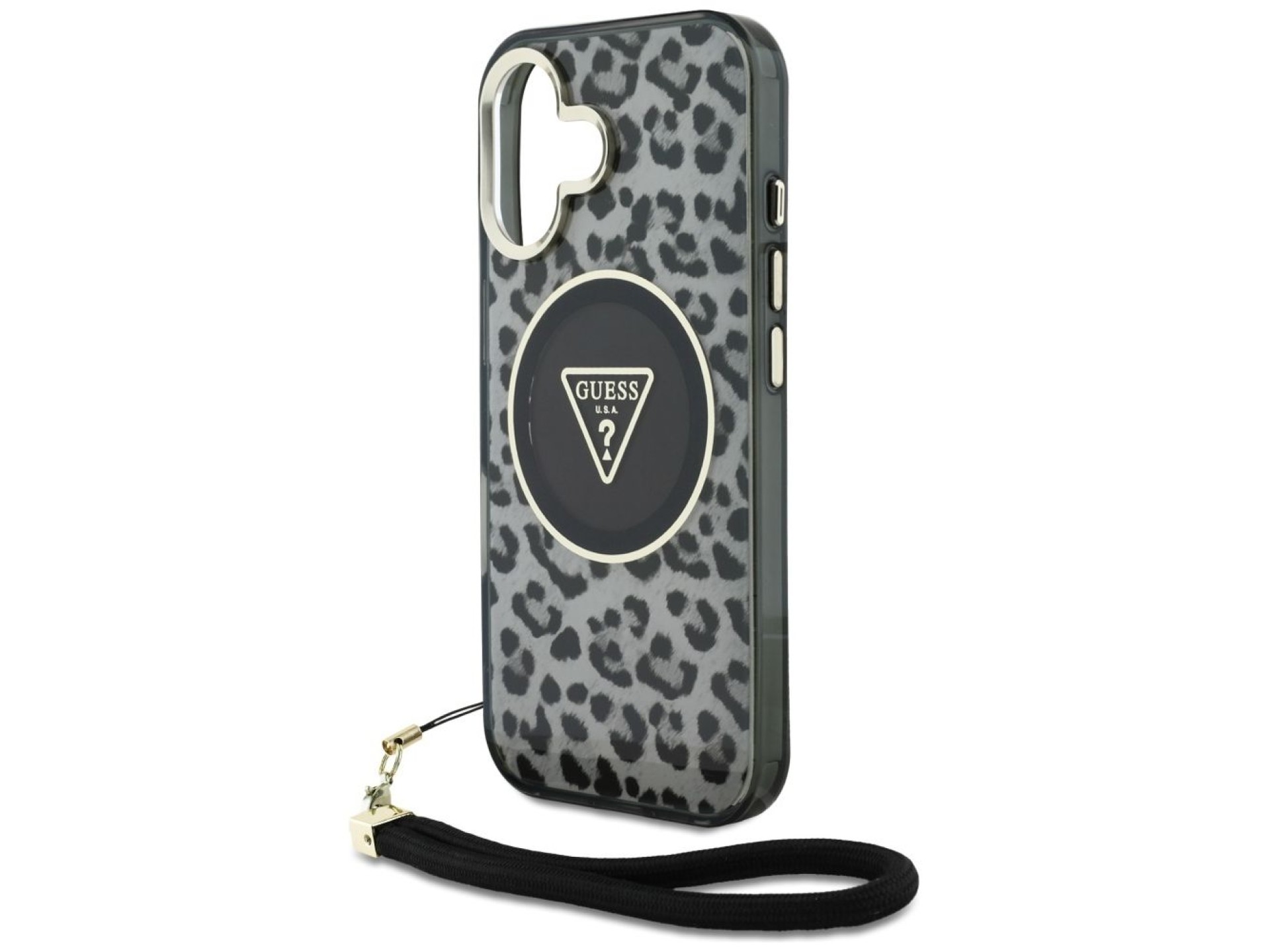 Funda Guess HC IML Leopard Triangle Cord Strap MagSafe para iPhone 16 - negra