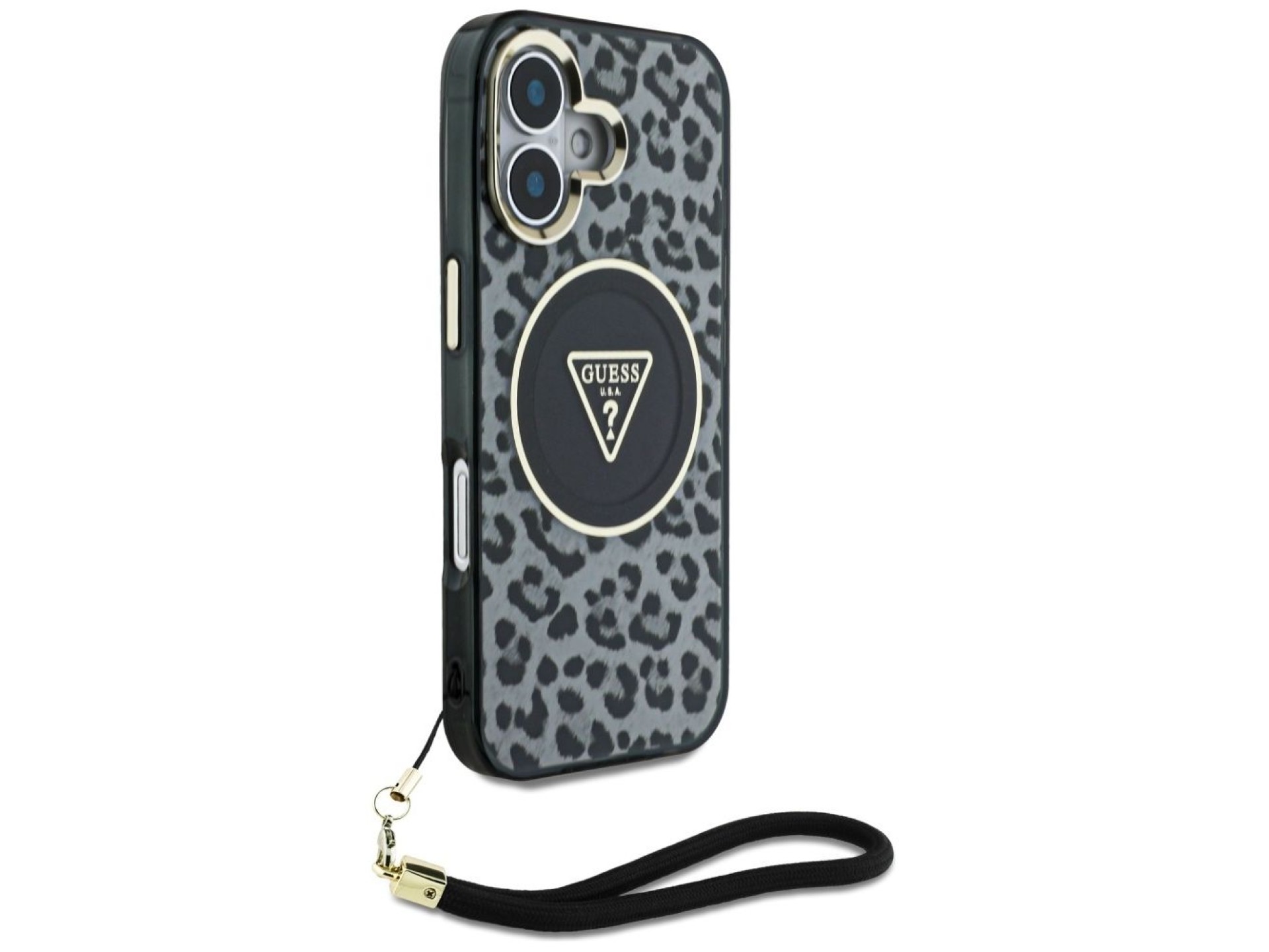 Funda Guess HC IML Leopard Triangle Cord Strap MagSafe para iPhone 16 - negra