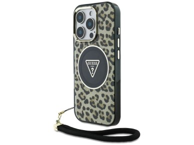 Capa Guess HC IML Leopard Triangle Cord Strap MagSafe para iPhone 16 Pro - Marrom