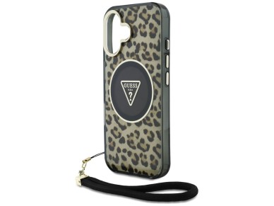 Guess HC IML Leopard Triangle Cord Strap MagSafe iPhone 16 Case - Brown Guess HC IML Leopard Triangle Cord Strap MagSafe iPhone 16 Case - Brown