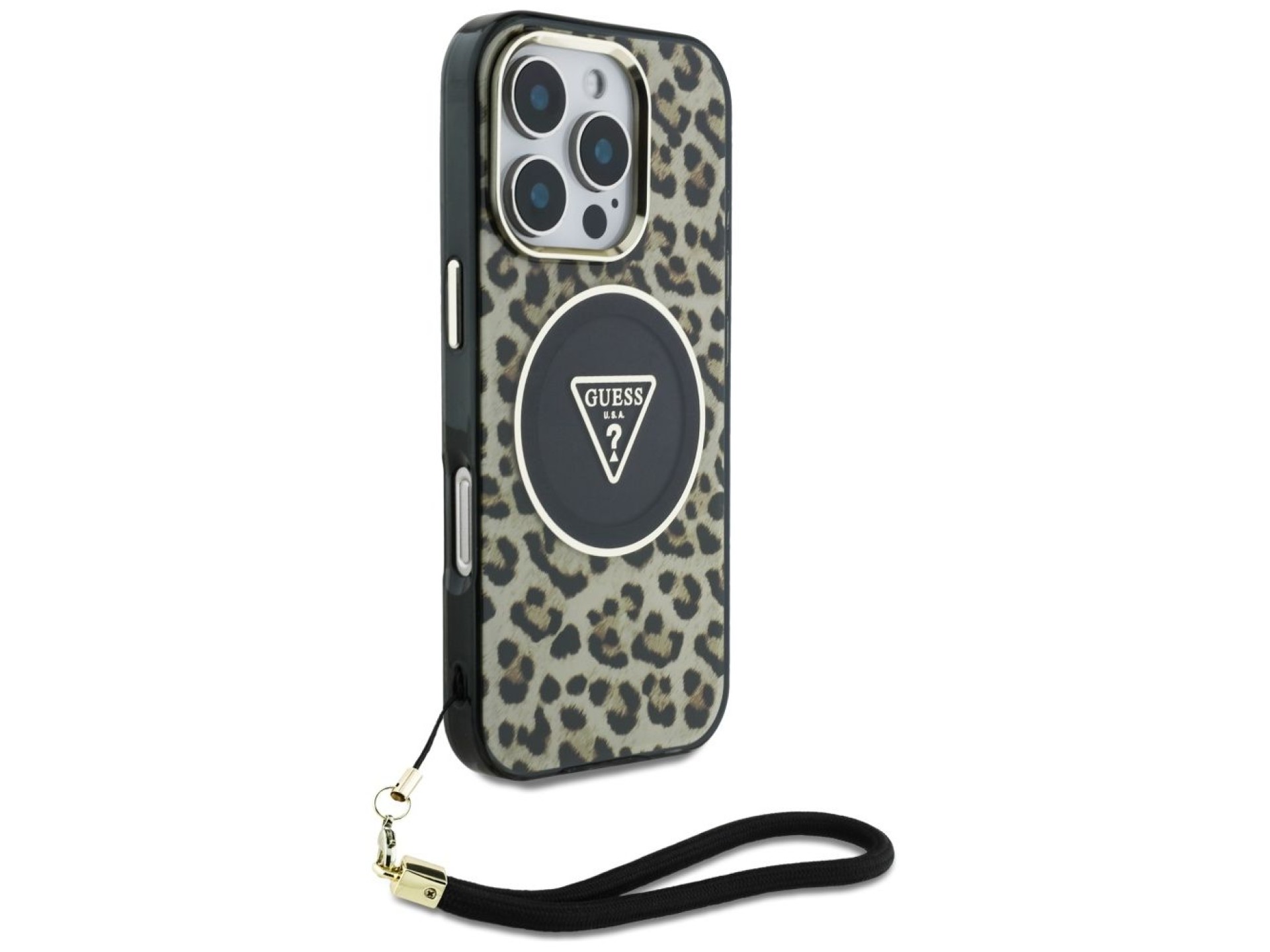 Funda Guess HC IML Leopard Triangle Cord Strap MagSafe para iPhone 16 Pro - Marrón