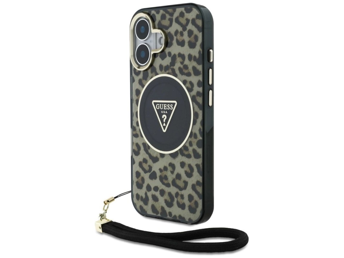 Funda Guess HC IML Leopard Triangle Cord Strap para iPhone 16 MagSafe - Marrón