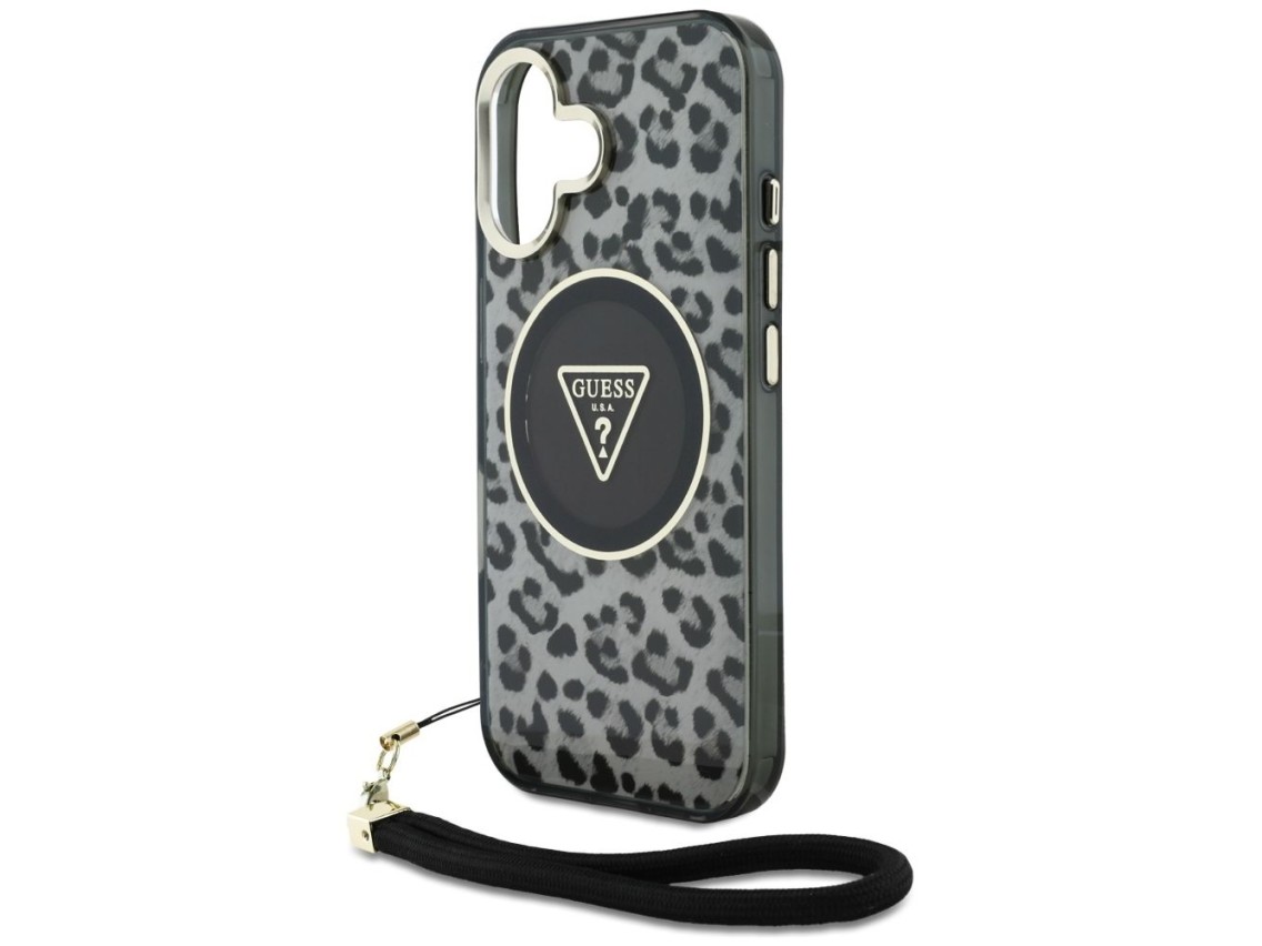 Funda Guess HC IML Leopard Triangle Cord Strap MagSafe para iPhone 16 - negra