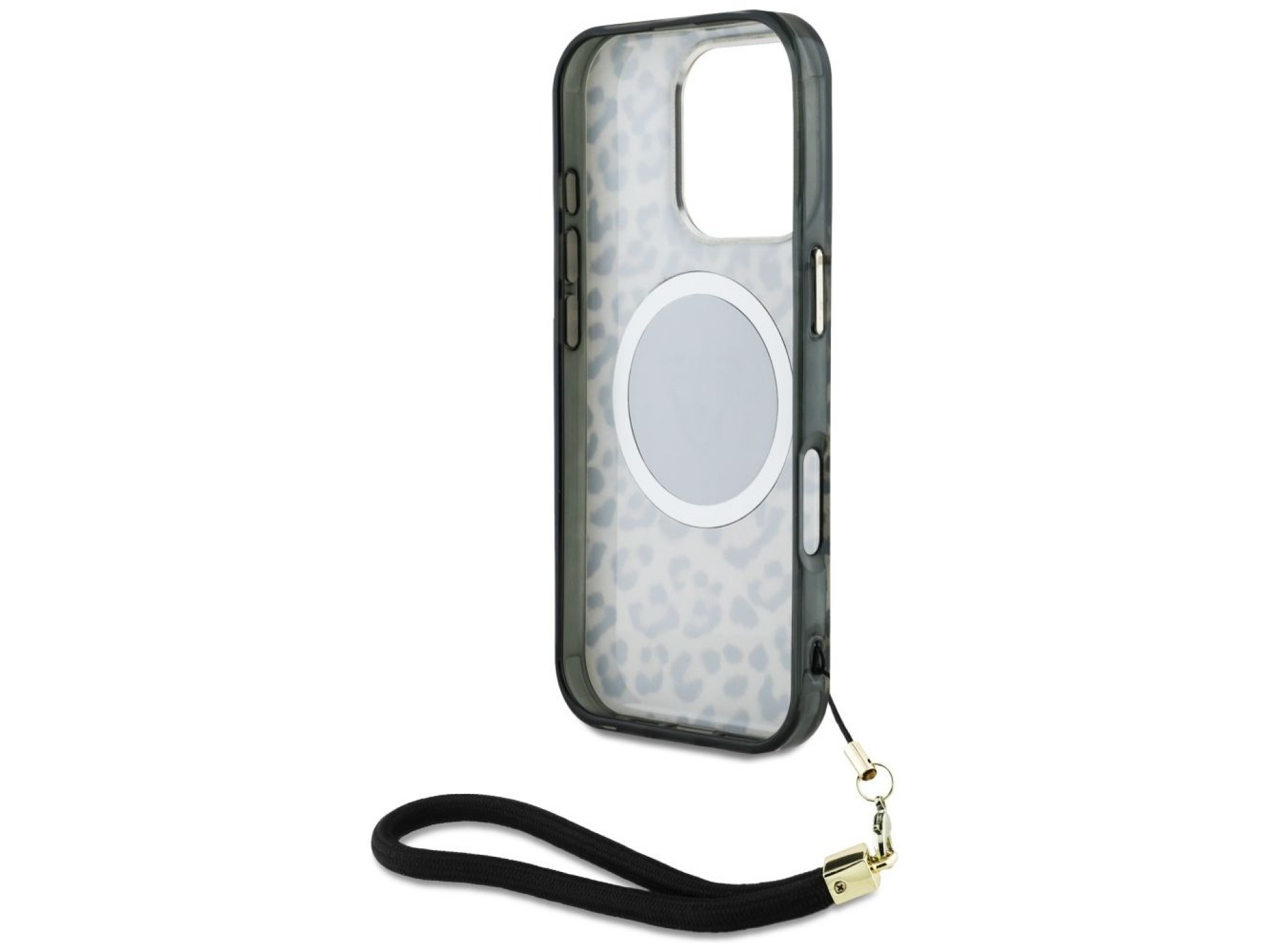 Funda Guess HC IML Leopard Triangle Cord Strap MagSafe para iPhone 16 Pro - Marrón