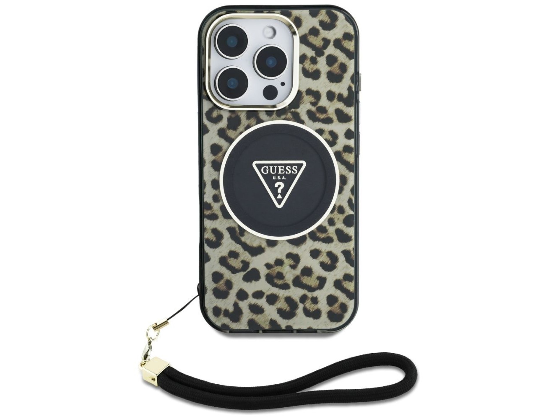 Funda Guess HC IML Leopard Triangle Cord Strap MagSafe para iPhone 16 Pro - Marrón