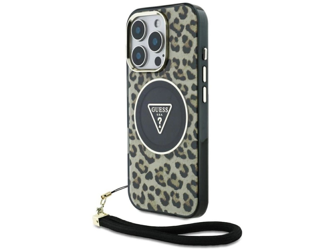Funda Guess HC IML Leopard Triangle Cord Strap MagSafe para iPhone 16 Pro - Marr�n