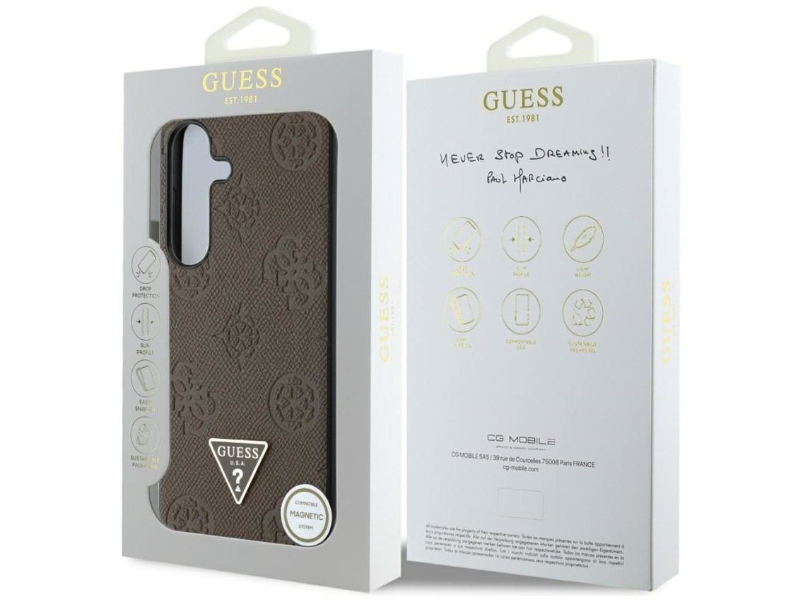 Guess Grained Hot Stamp Peony Pattern Triangle Logo MagSafe Case for Samsung Galaxy S25 - Brown