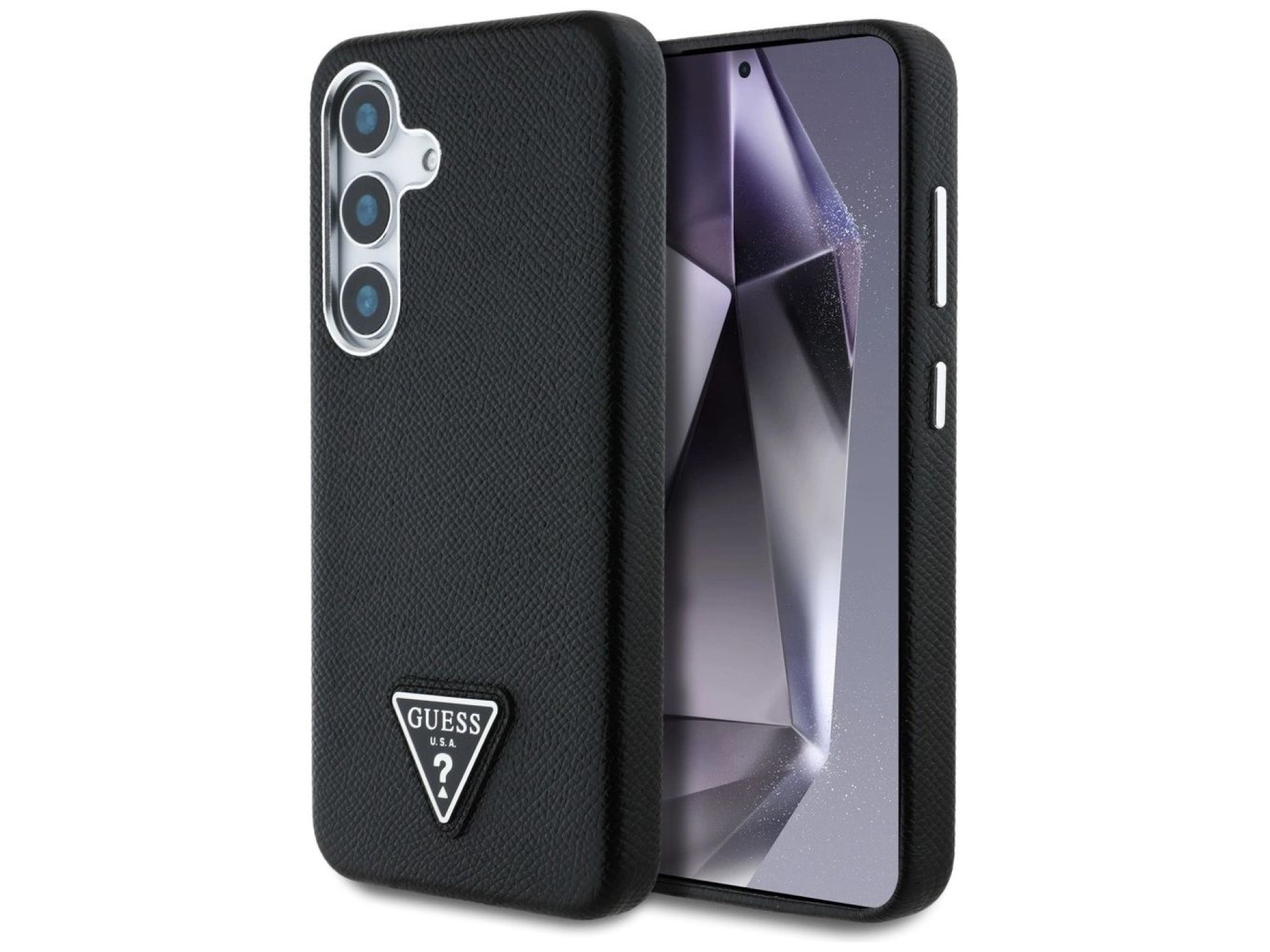 Capa MagSafe com logo triangular texturizado da Guess para Samsung Galaxy S25 - preta