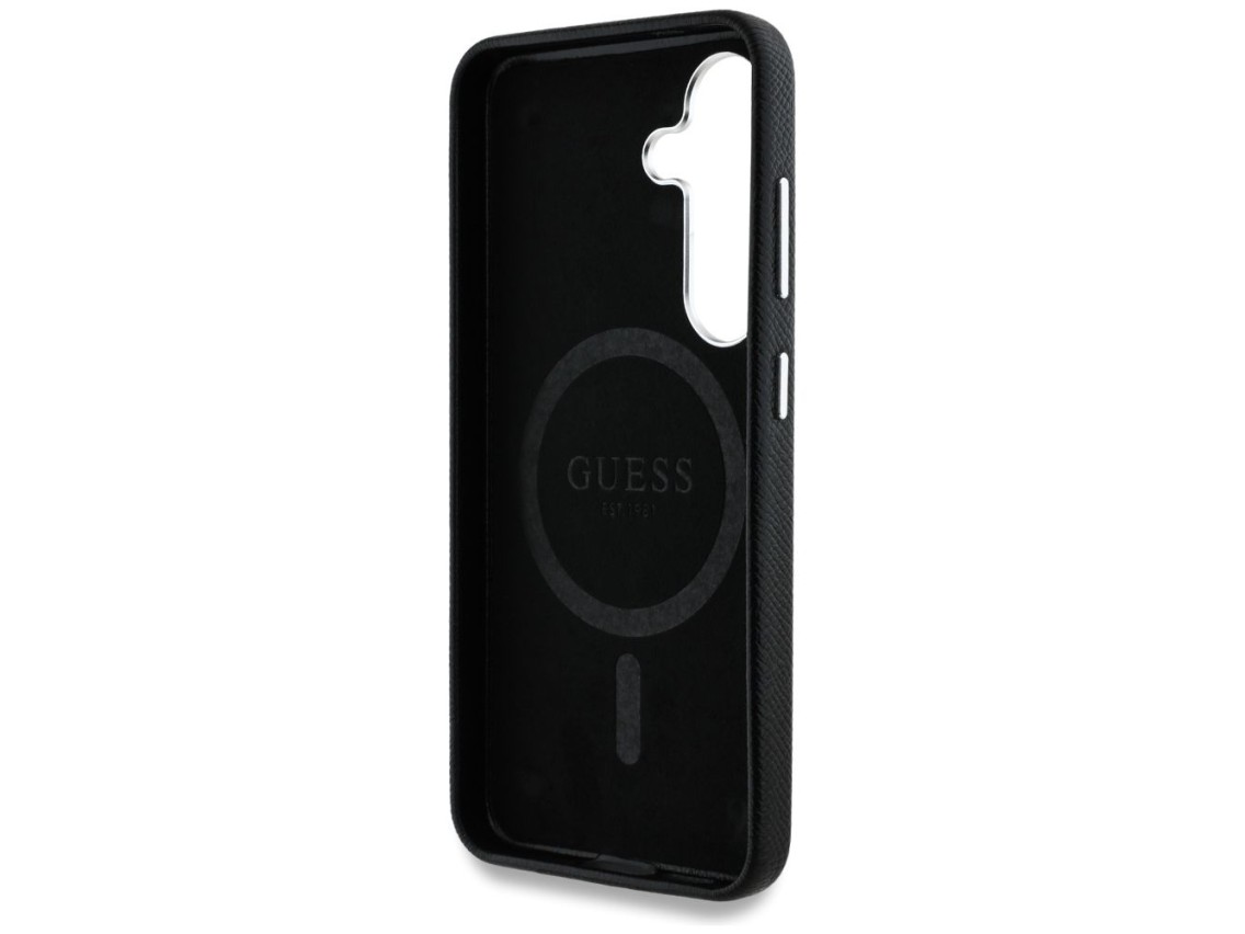 Capa MagSafe com logo triangular texturizado da Guess para Samsung Galaxy S25 - preta
