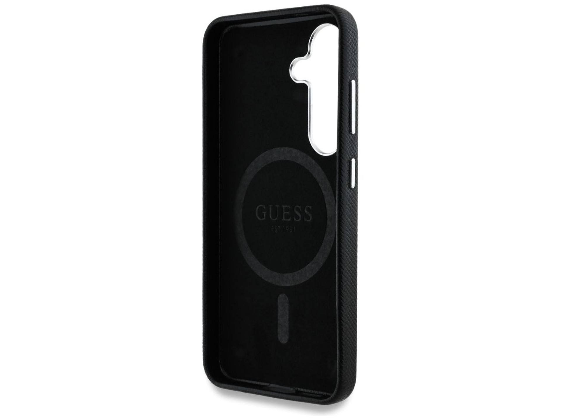 Capa MagSafe com logo triangular texturizado da Guess para Samsung Galaxy S25 - preta