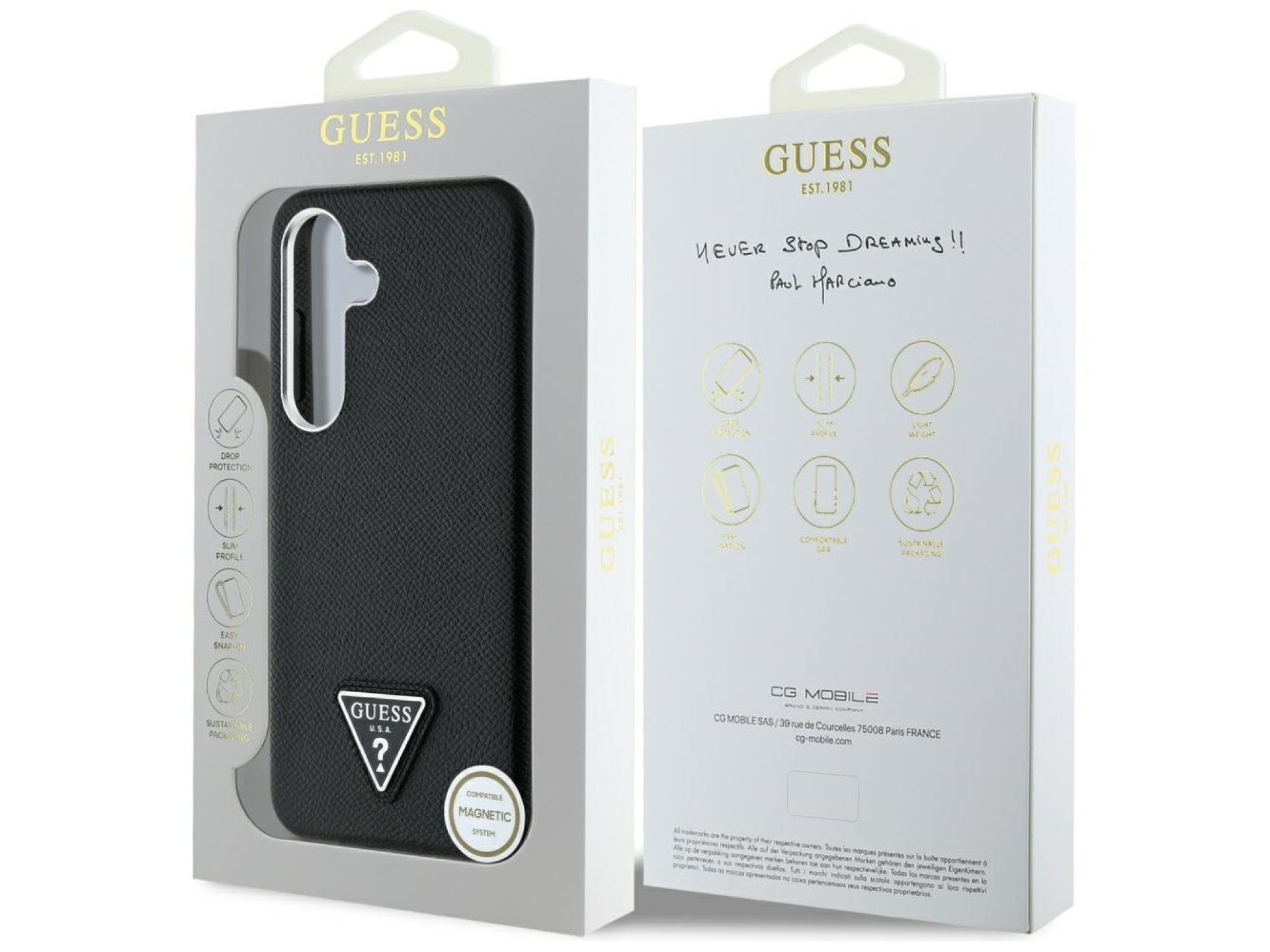 Capa MagSafe com logo triangular texturizado da Guess para Samsung Galaxy S25 - preta