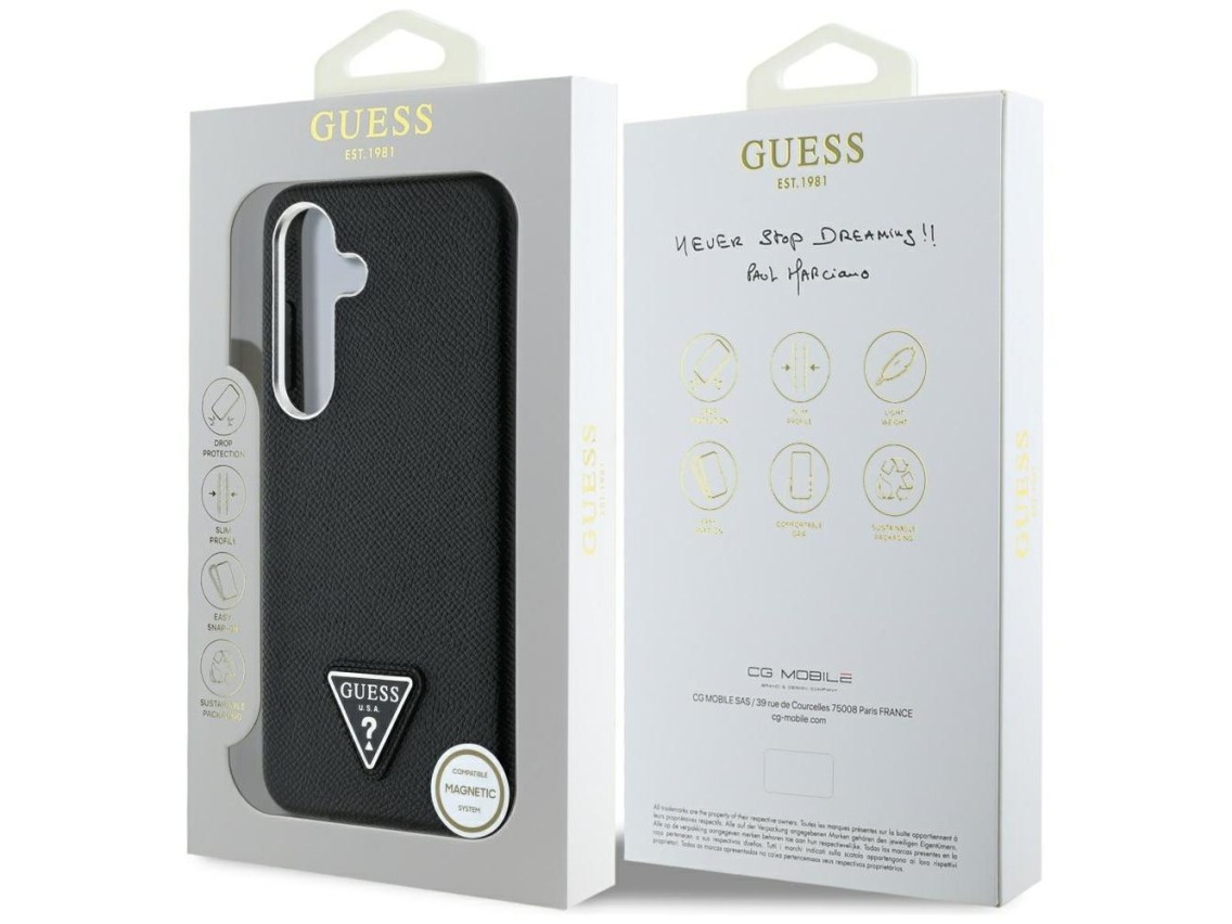 Capa MagSafe com logo triangular texturizado da Guess para Samsung Galaxy S25 - preta