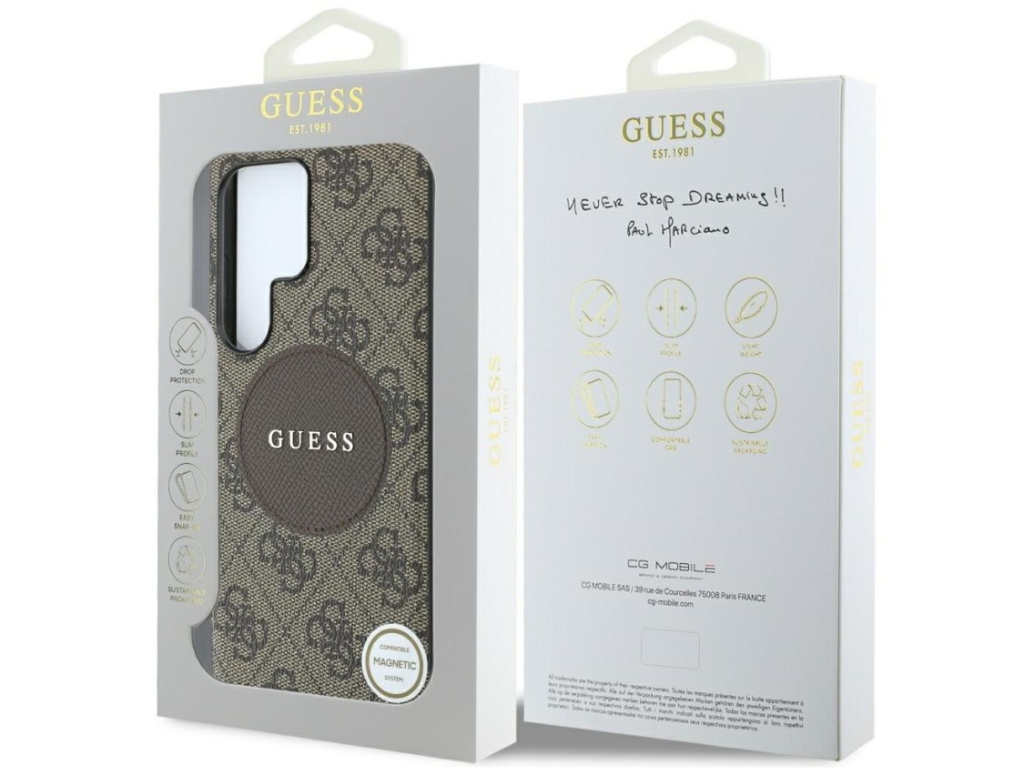 Capa MagSafe Guess 4G Round Patch Classic Logo para Samsung Galaxy S25 Ultra Marrom