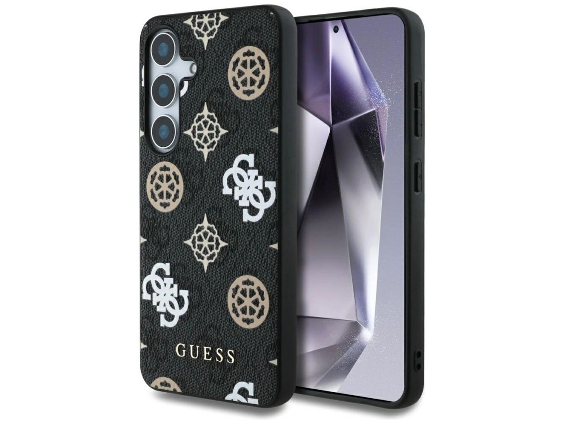 Capa MagSafe Guess 4G com estampa de peônias coloridas para Samsung Galaxy S25, preta.