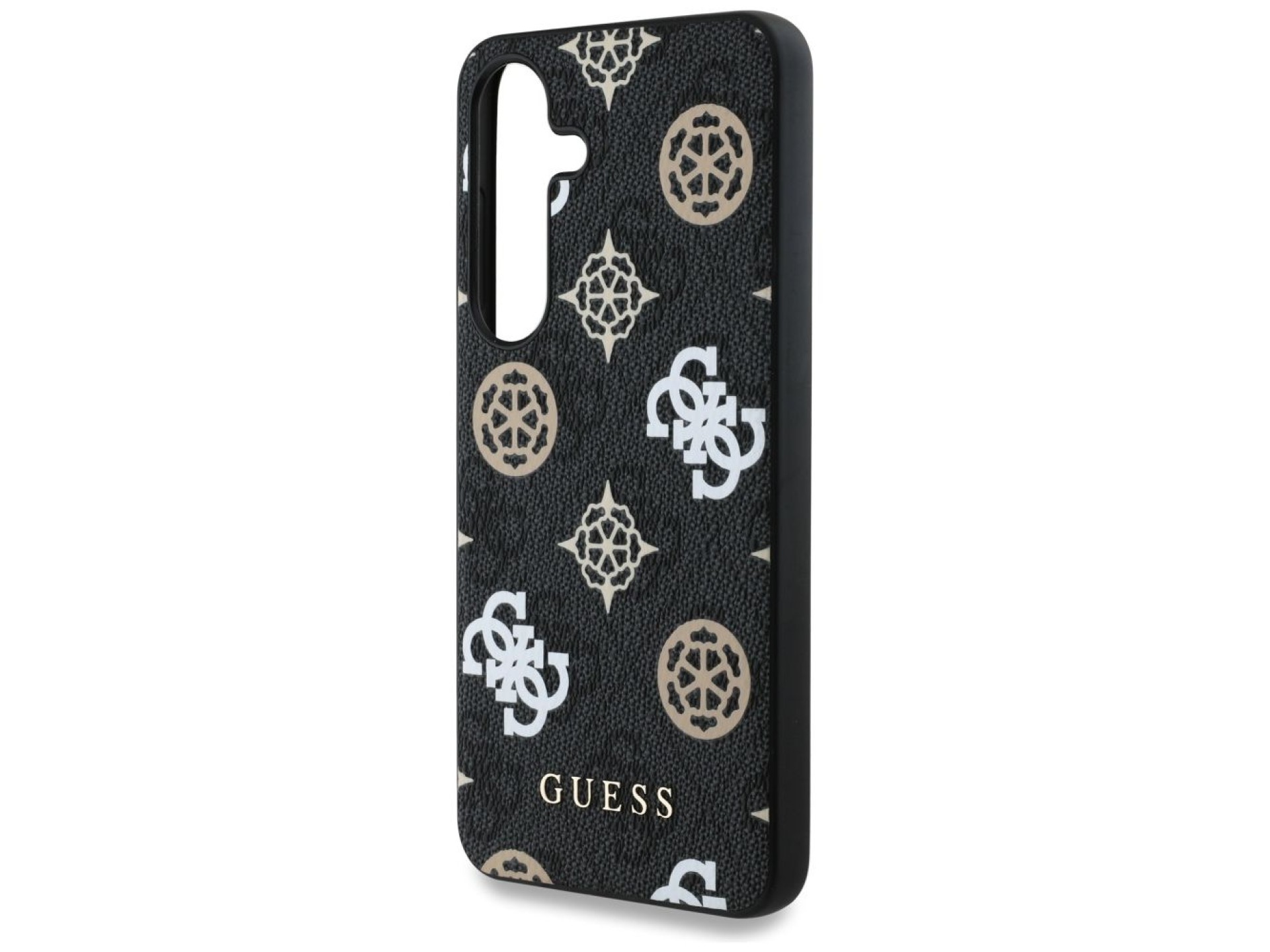 Capa MagSafe Guess 4G com estampa de peônias coloridas para Samsung Galaxy S25, preta.