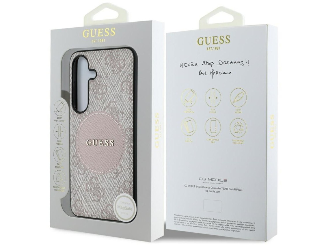 Funda Guess 4G Round Patch Classic Logo MagSafe para Samsung Galaxy S25 Plus (rosa)