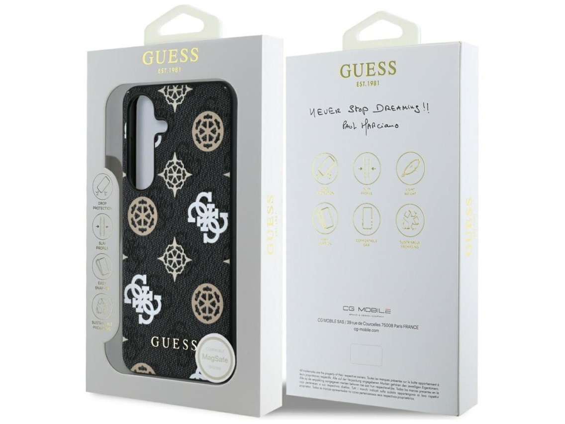 Capa MagSafe Guess 4G com estampa de peônias coloridas para Samsung Galaxy S25, preta.