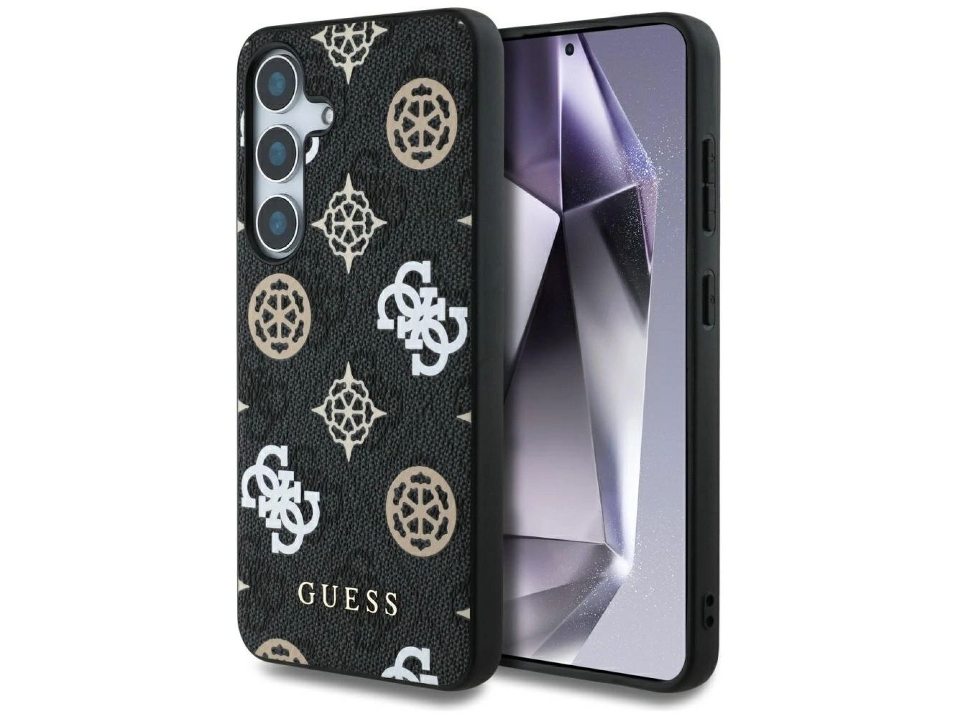 Capa MagSafe Guess 4G com estampa de peônias coloridas para Samsung Galaxy S25, preta.