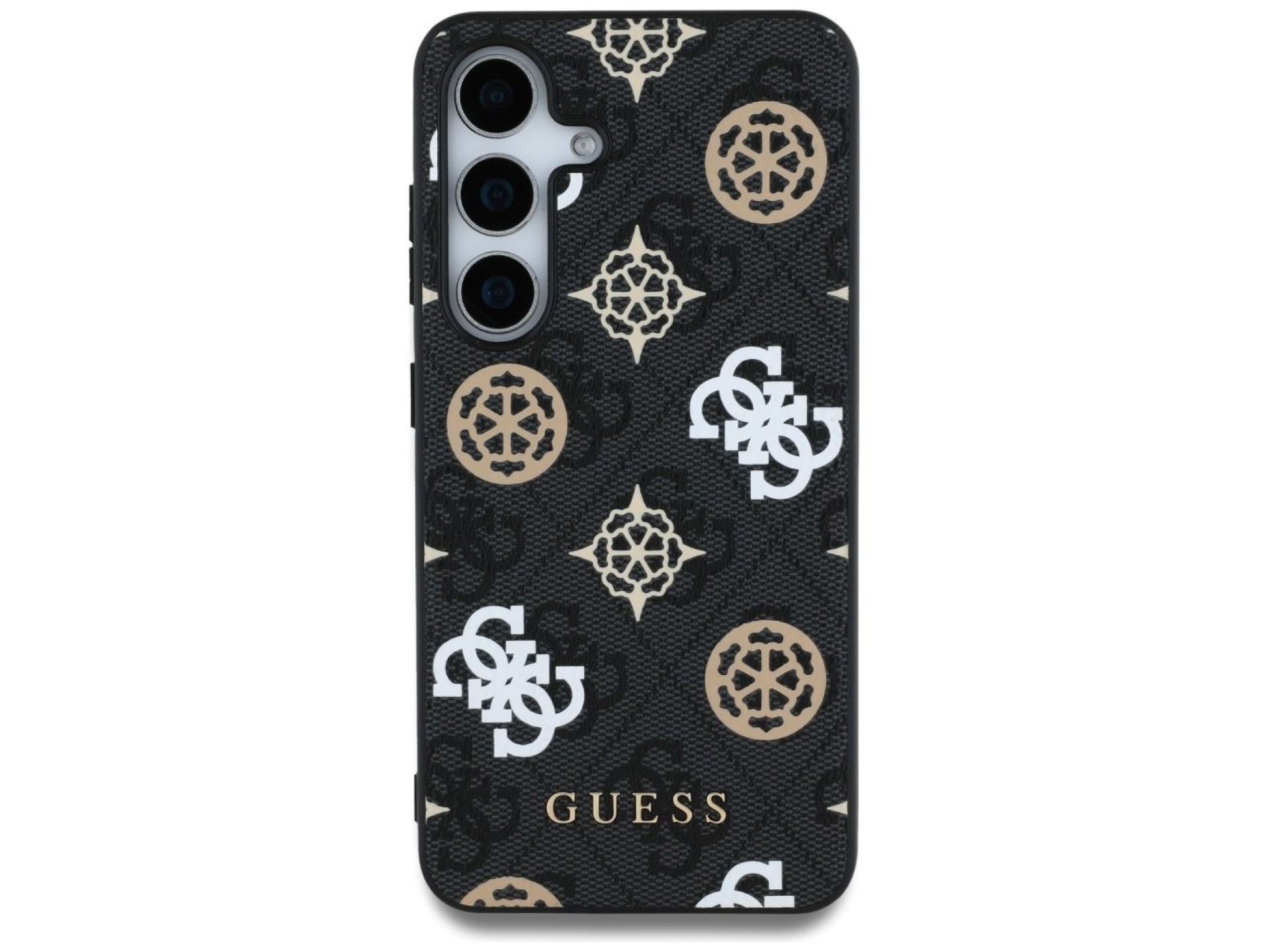 Capa MagSafe Guess 4G com estampa de peônias coloridas para Samsung Galaxy S25, preta.