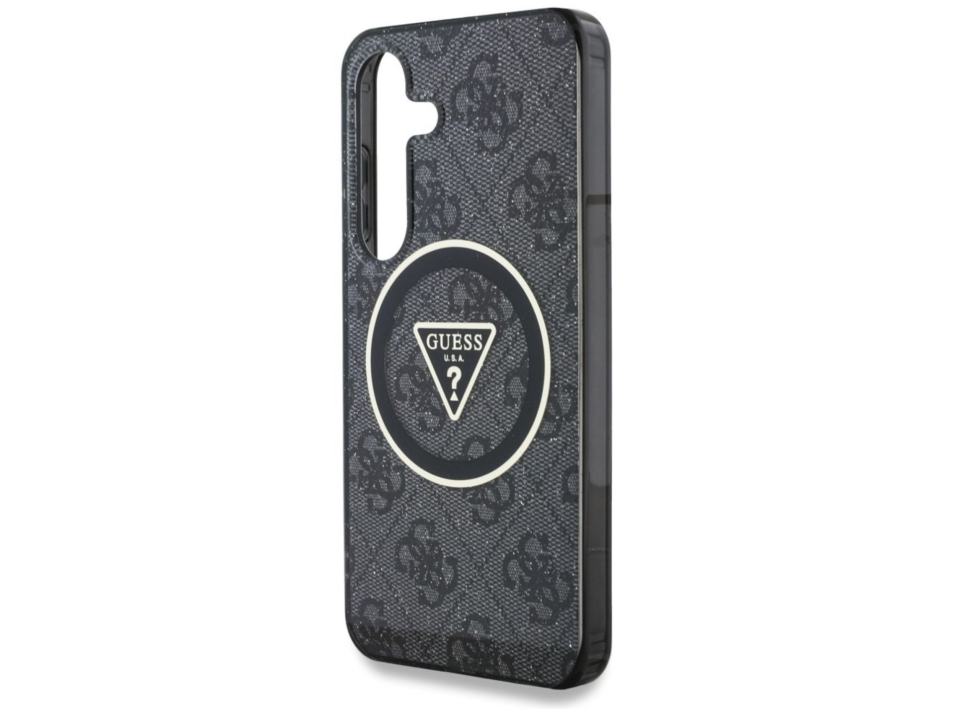 Funda Guess 4G con botones triangulares brillantes y MagSafe para Samsung Galaxy S25 negra