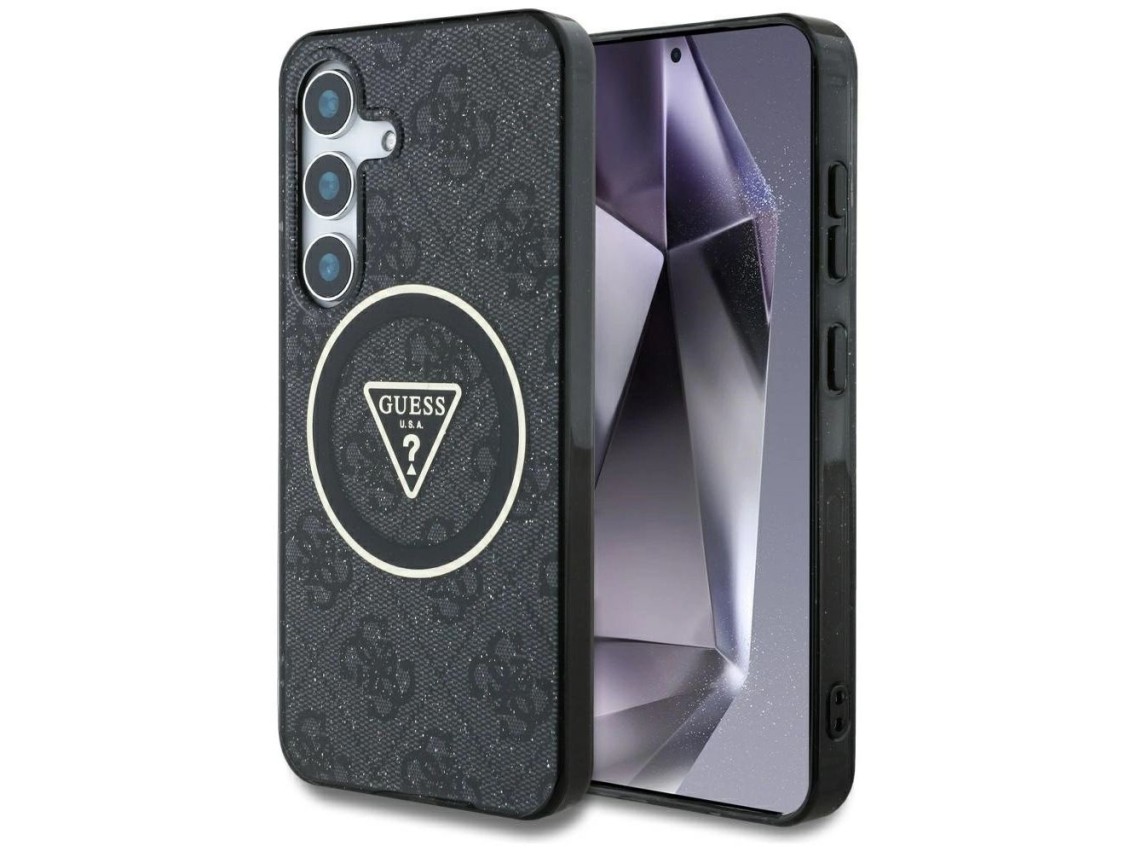 Funda Guess 4G con botones triangulares brillantes y MagSafe para Samsung Galaxy S25 Plus, color neg