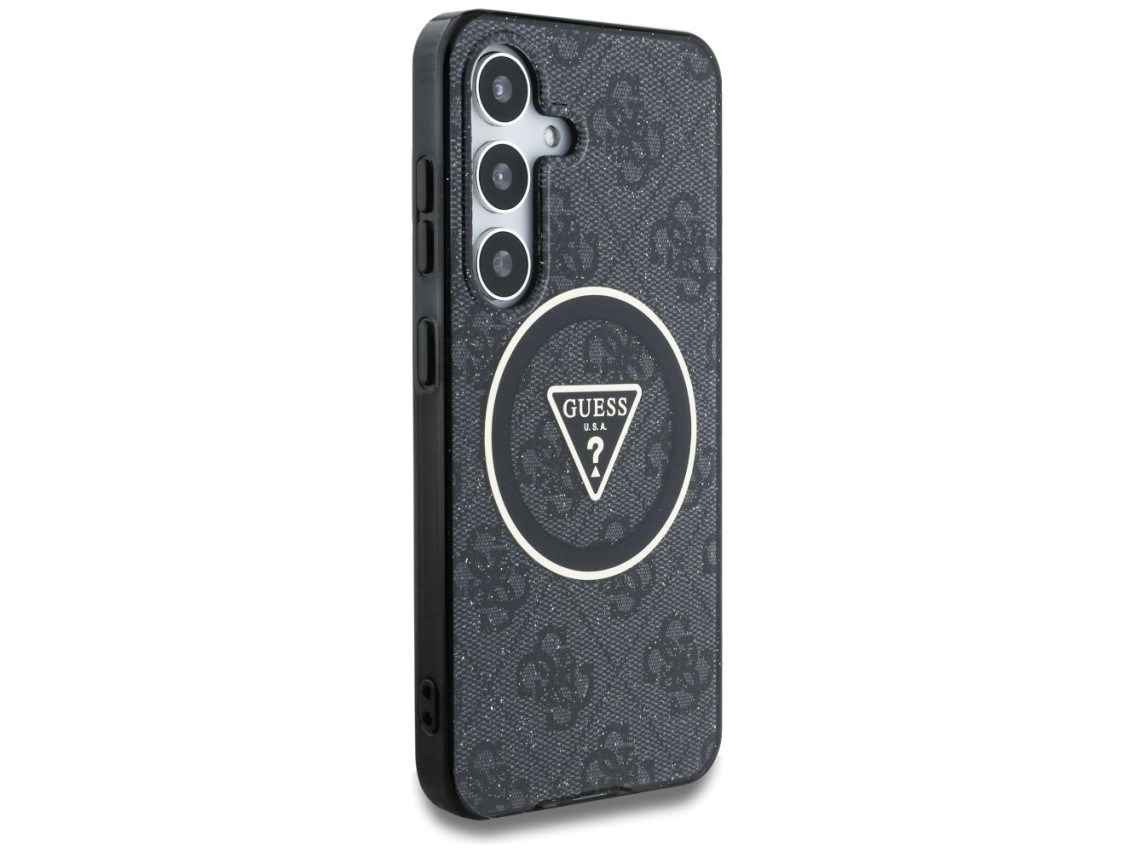 Funda Guess 4G con botones triangulares brillantes y MagSafe para Samsung Galaxy S25 negra