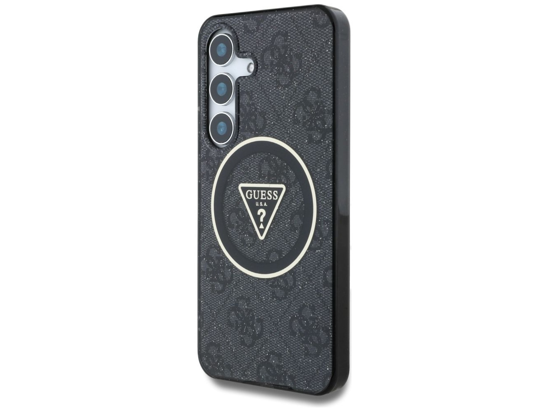 Funda Guess 4G con botones triangulares brillantes y MagSafe para Samsung Galaxy S25 negra