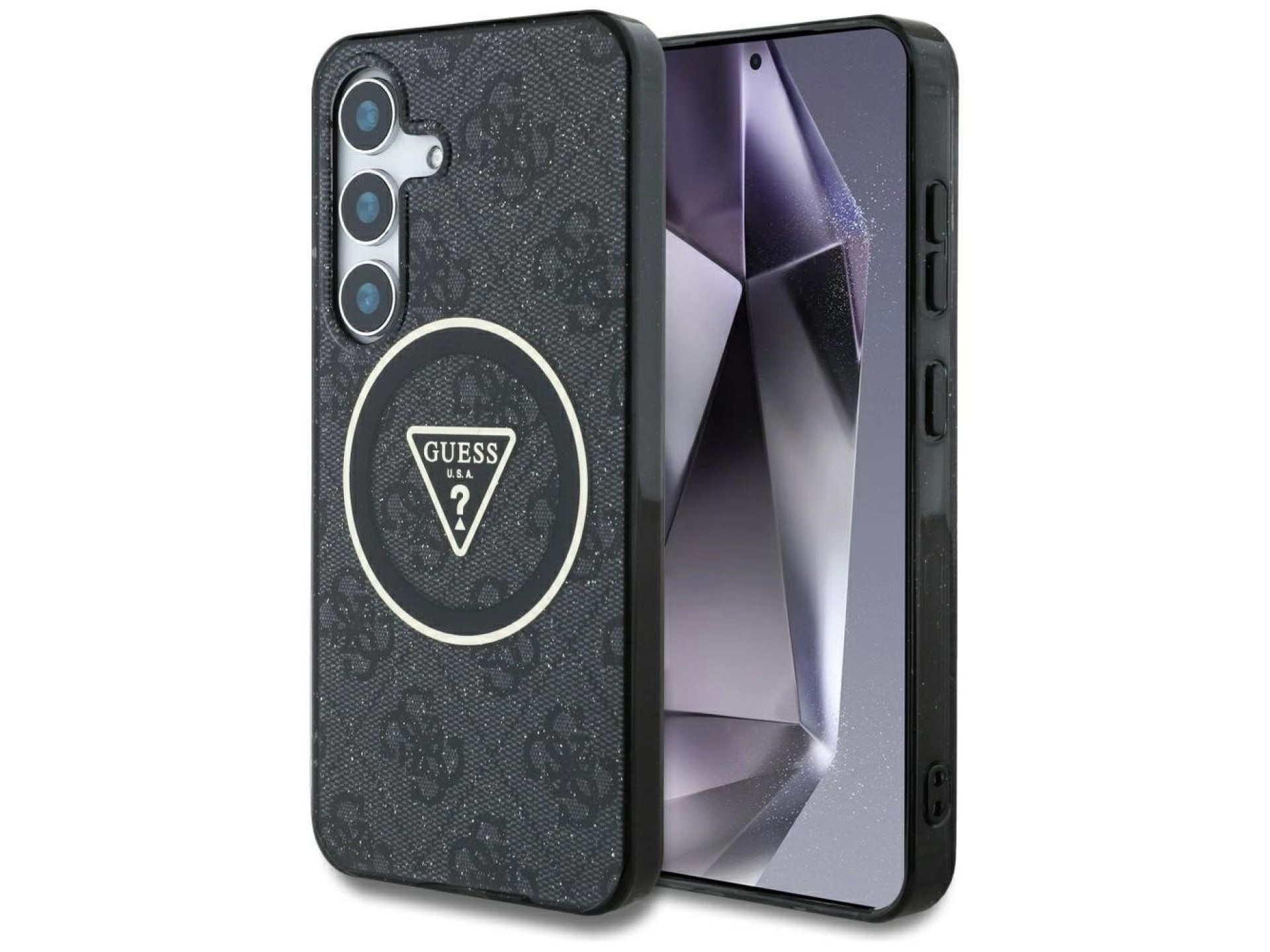 Funda Guess 4G con botones triangulares brillantes y MagSafe para Samsung Galaxy S25 Plus, color neg