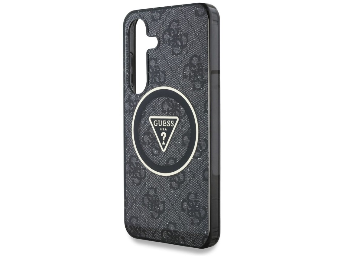 Funda Guess 4G con botones triangulares brillantes y MagSafe para Samsung Galaxy S25 negra