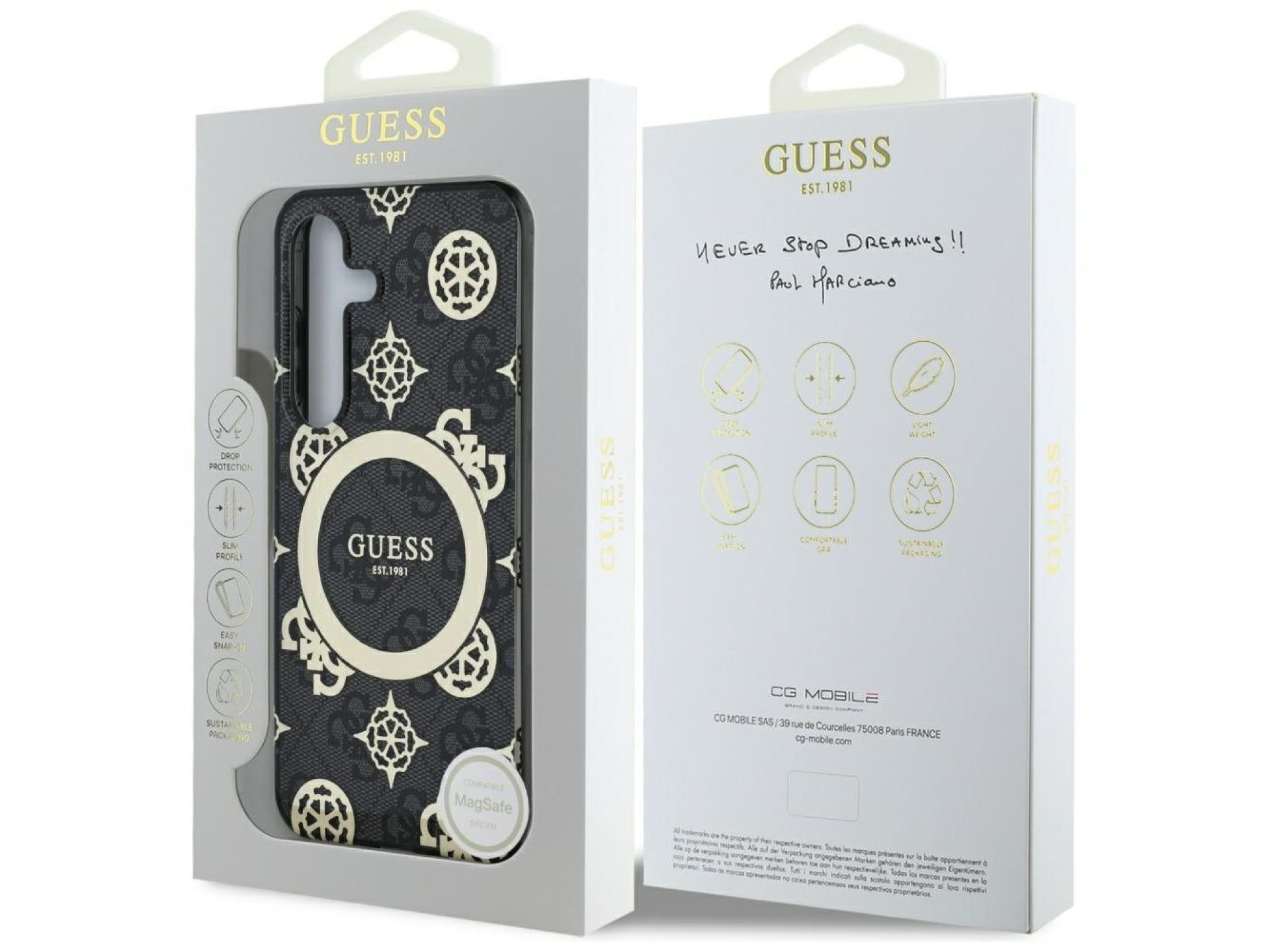 Guess 4G Background Gold Electroplated Peony Pattern MagSafe case for Samsung Galaxy S25 black