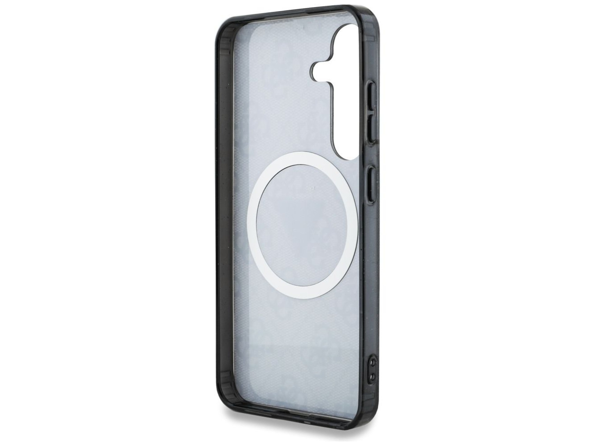 Funda Guess 4G con botones triangulares brillantes y MagSafe para Samsung Galaxy S25 Plus, color neg
