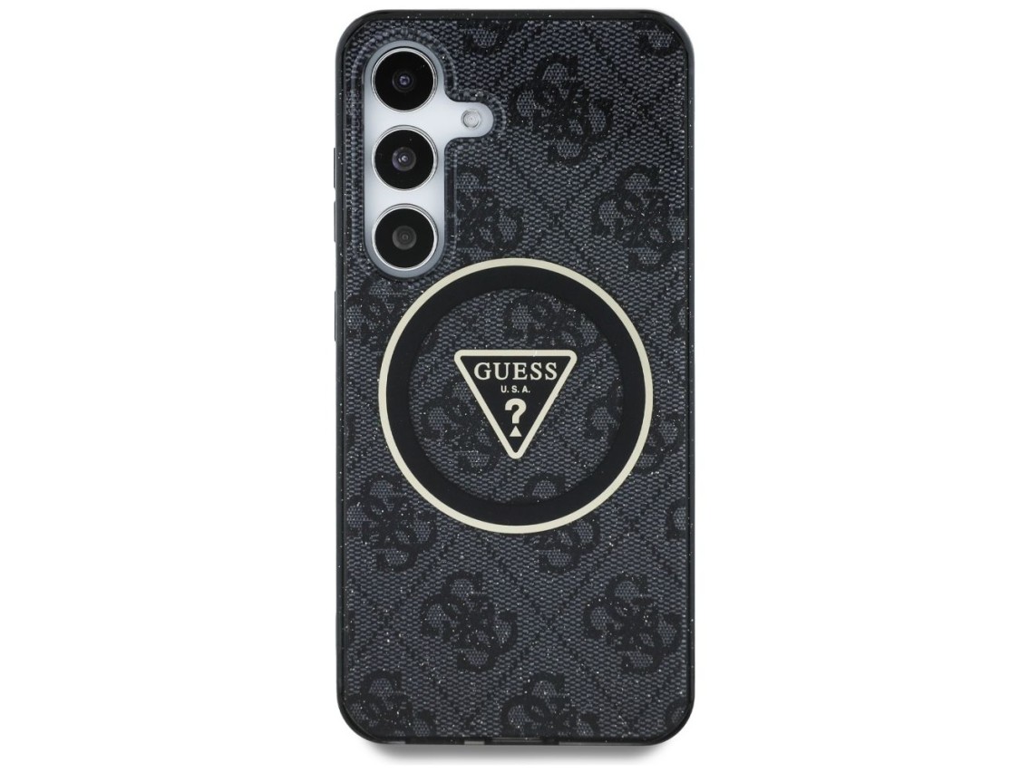 Funda Guess 4G con botones triangulares brillantes y MagSafe para Samsung Galaxy S25 Plus, color neg