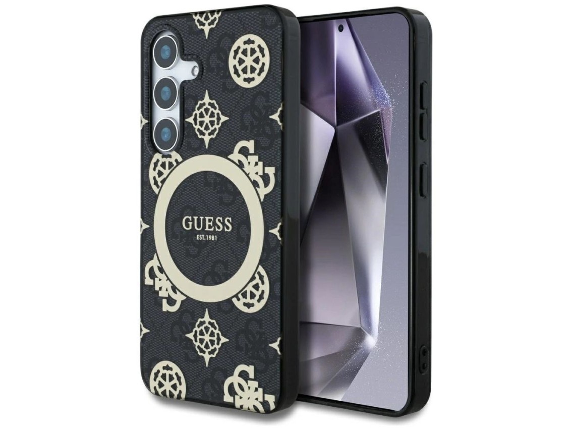Guess 4G Background Gold Electroplated Peony Pattern MagSafe case for Samsung Galaxy S25 black
