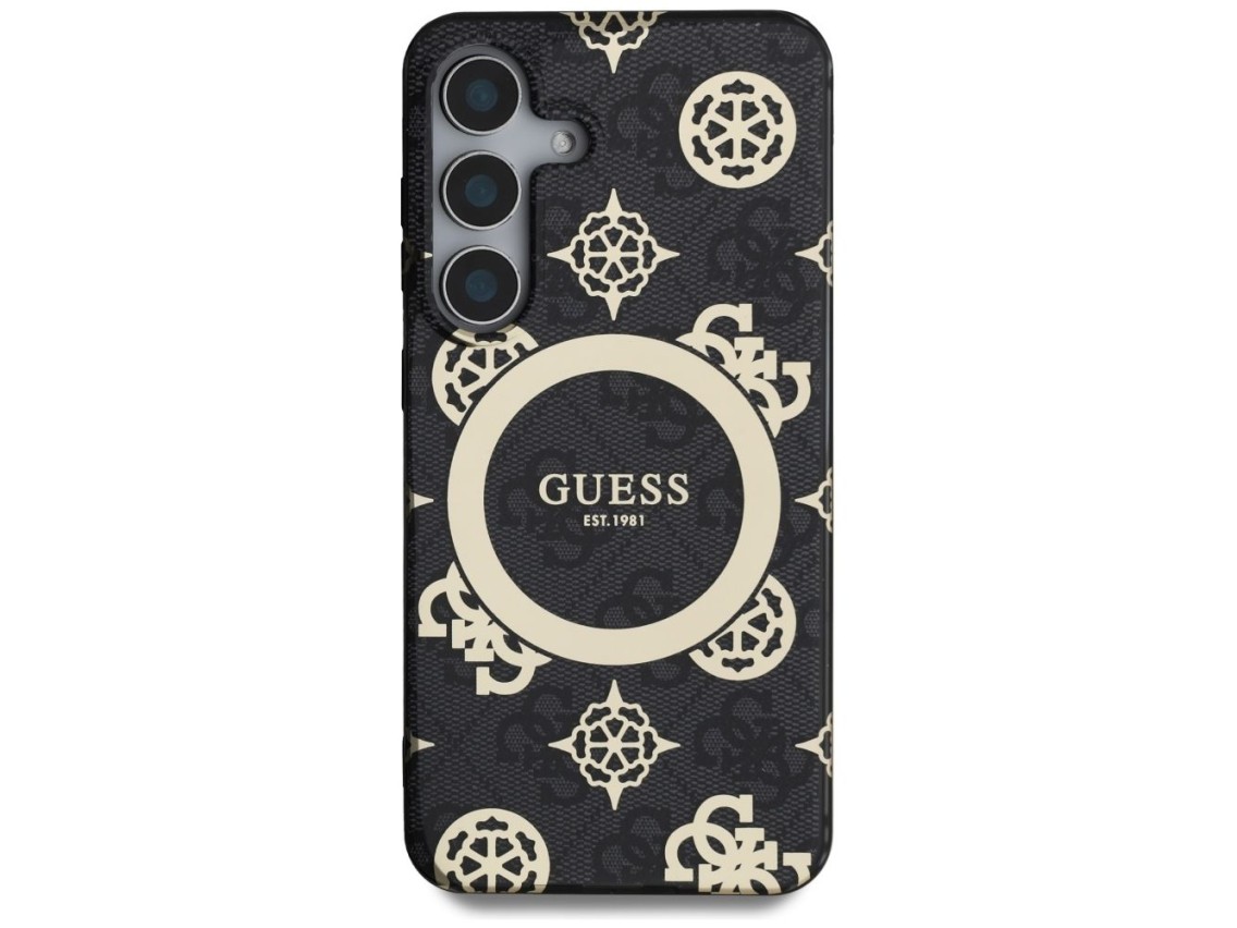Guess 4G Background Gold Electroplated Peony Pattern MagSafe case for Samsung Galaxy S25 black