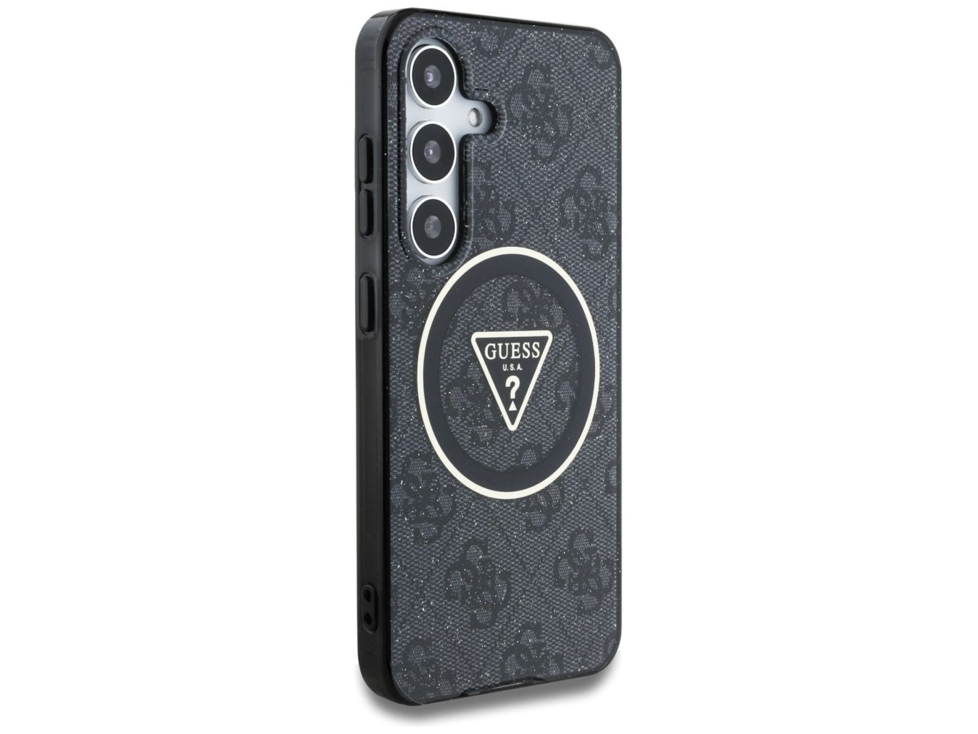 Funda Guess 4G con botones triangulares brillantes y MagSafe para Samsung Galaxy S25 Plus, color neg